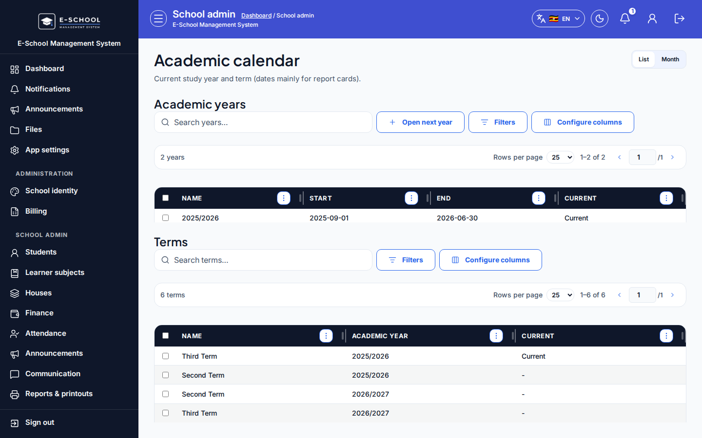 Academic calendar desktop