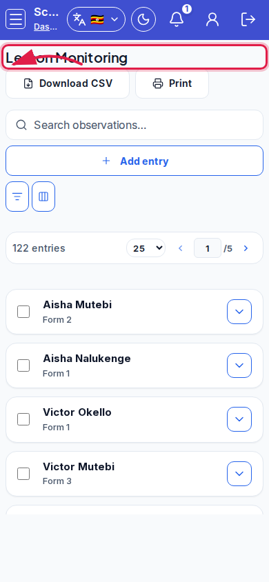 Lesson Monitoring step 3 mobile