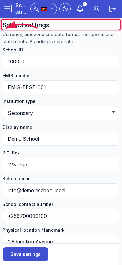 School settings step 1 mobile