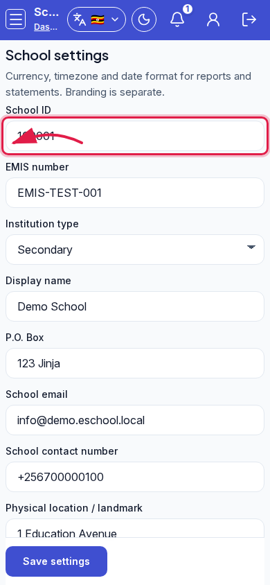 School settings step 2 mobile