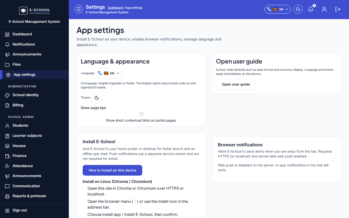 App settings desktop