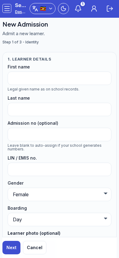 Admit student wizard mobile