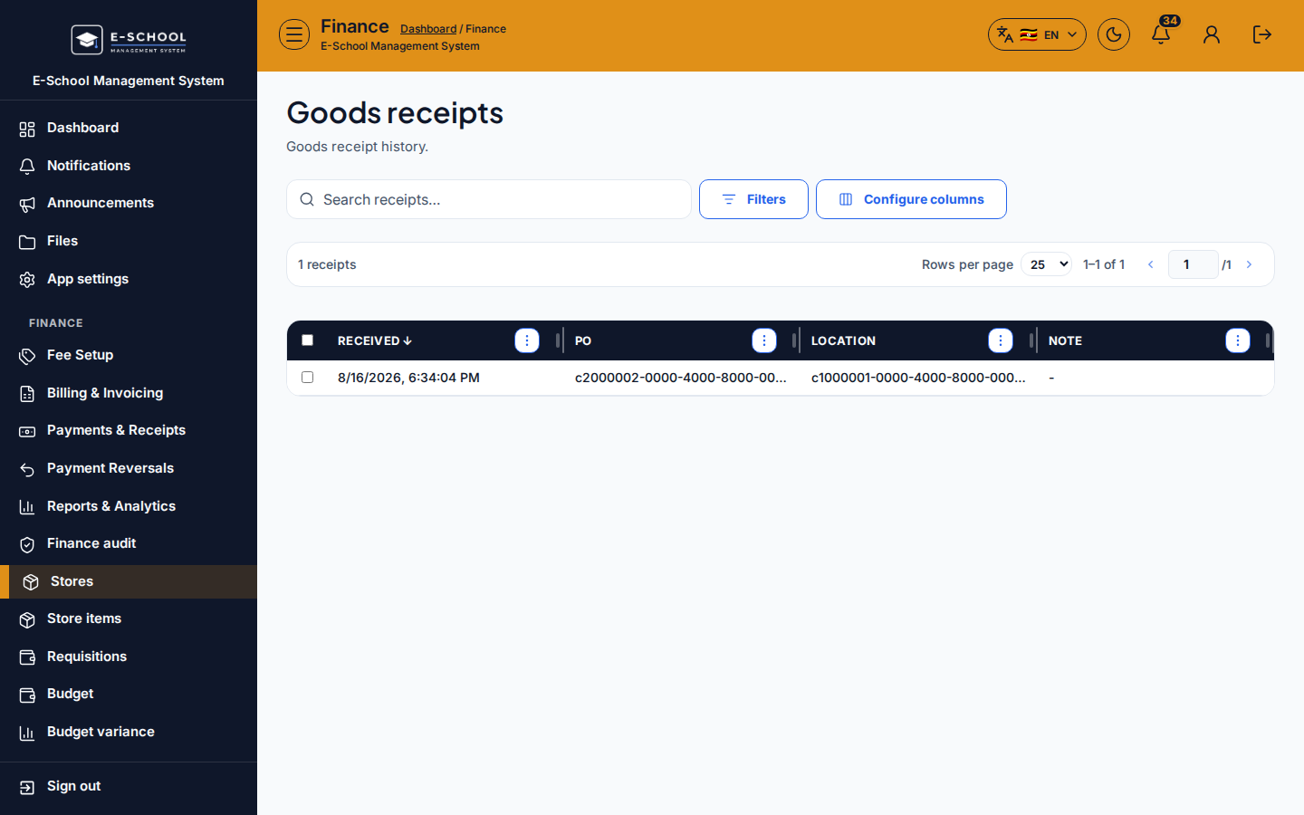 Goods receipts desktop