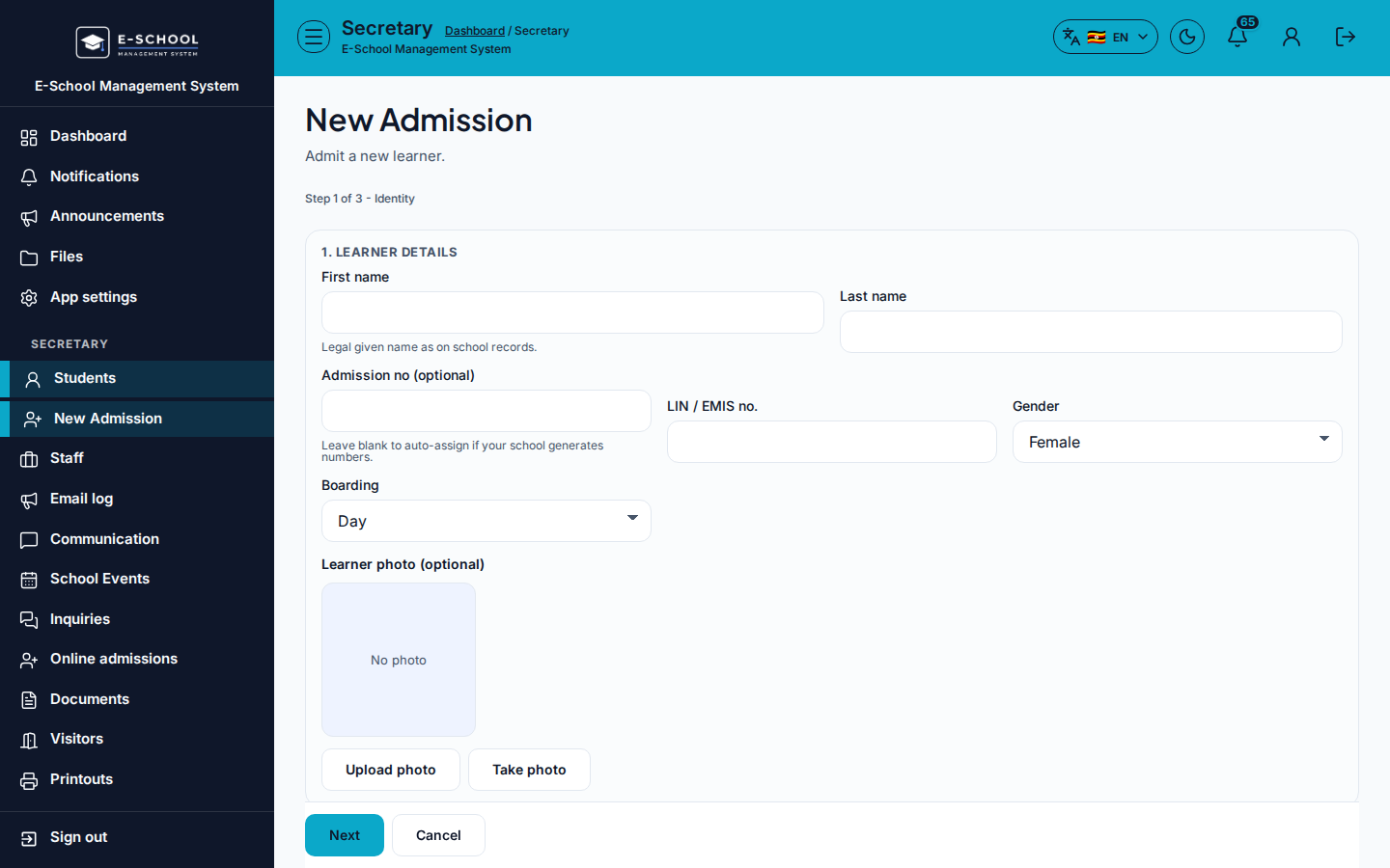New Admission desktop