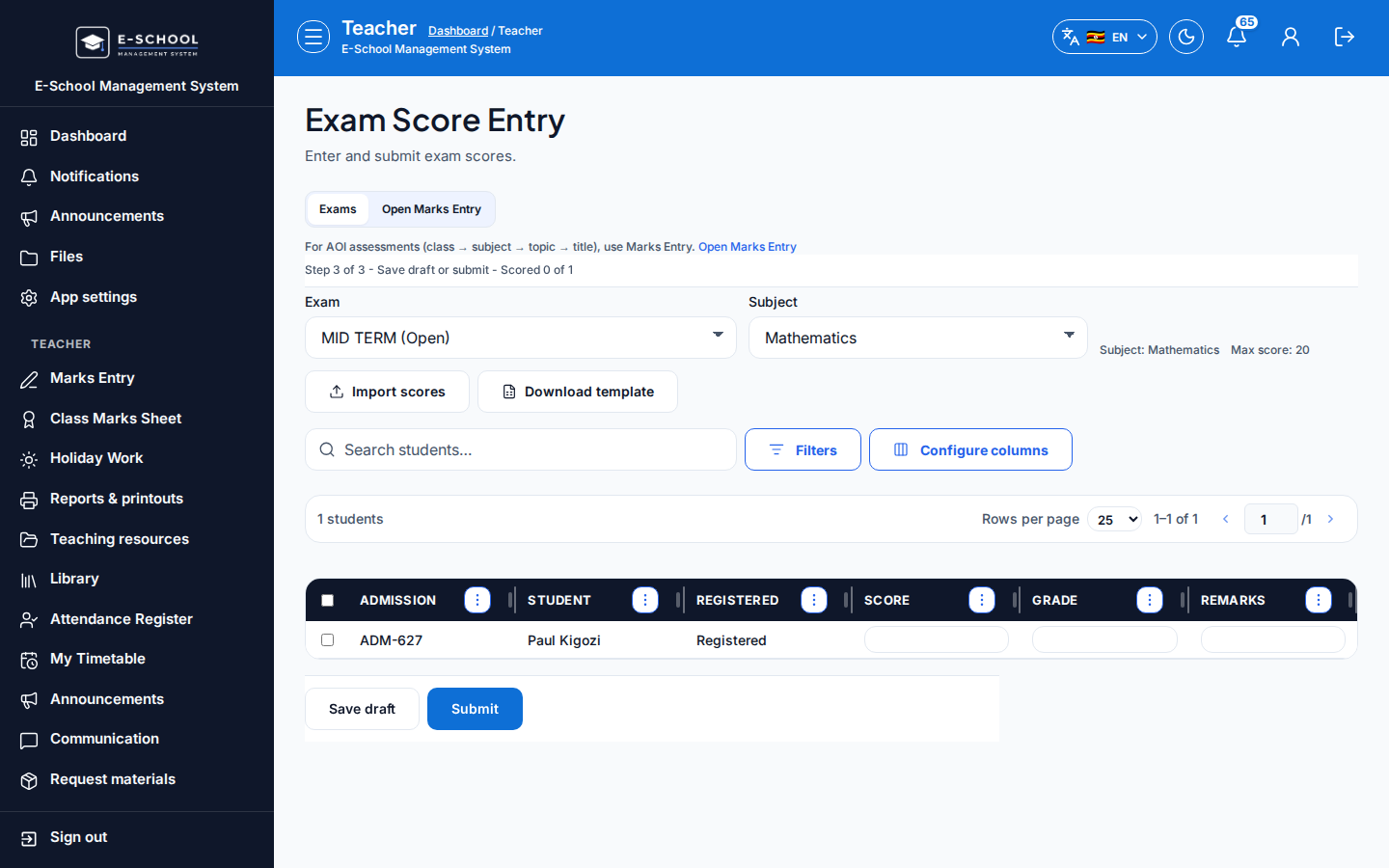 Exam Score Entry desktop