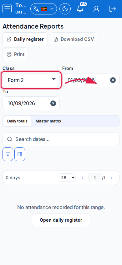 Attendance Reports step 2 mobile