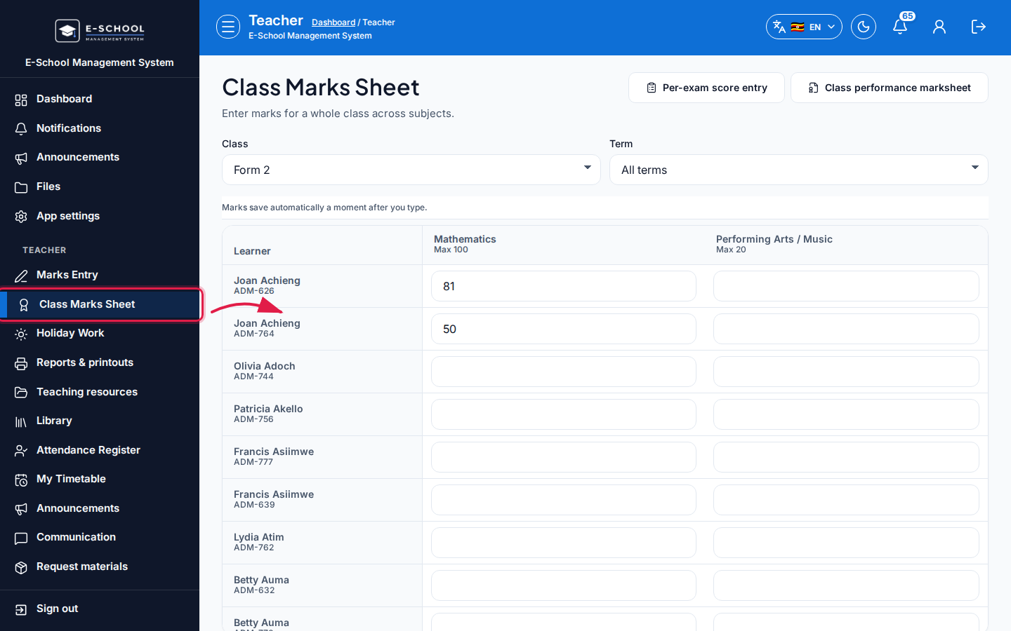 Class Marks Sheet step 1 desktop