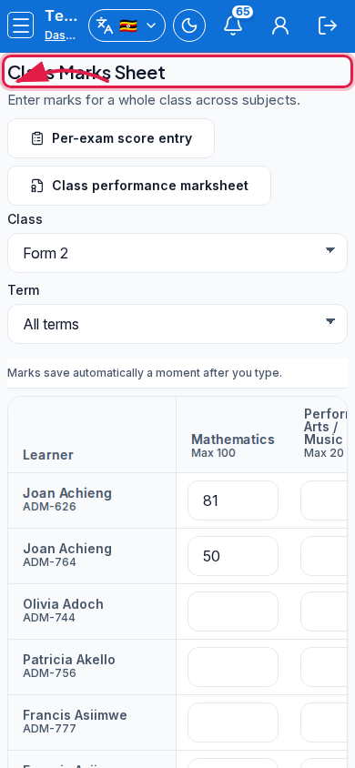Class Marks Sheet step 5 mobile
