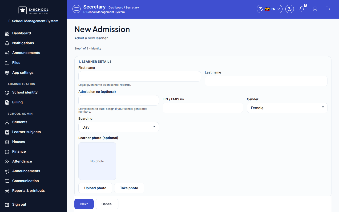 Admit student wizard desktop